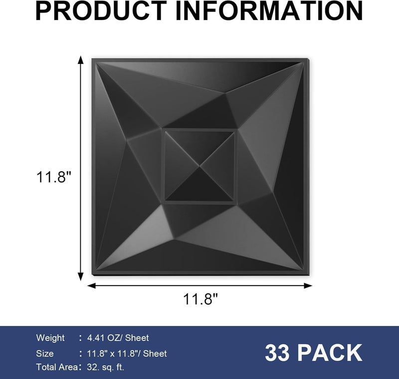 Greymond ألواح حائط ثلاثية الأبعاد سوداء من PVC، عبوة 33 قطعة بحجم 11.8''x11.8'' بتصميم هندسي لترقية ديكور المنزل العصري، بلاط مزخرف وقابل للدهان لغرفة المعيشة، الردهة، غرفة النوم، الفندق، المكتب - Image 2